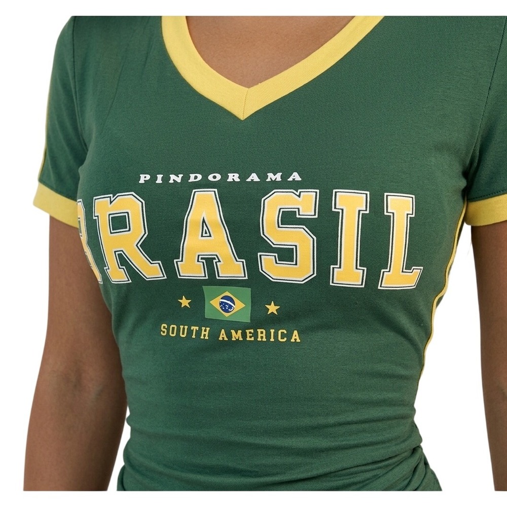 Ringer Tee Women Small Green Excellent Brasil Pindorama Graphic Sporty